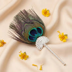 Elegant Peacock Feather Fan with Ornate Silver Handle For Laddu Gopal
