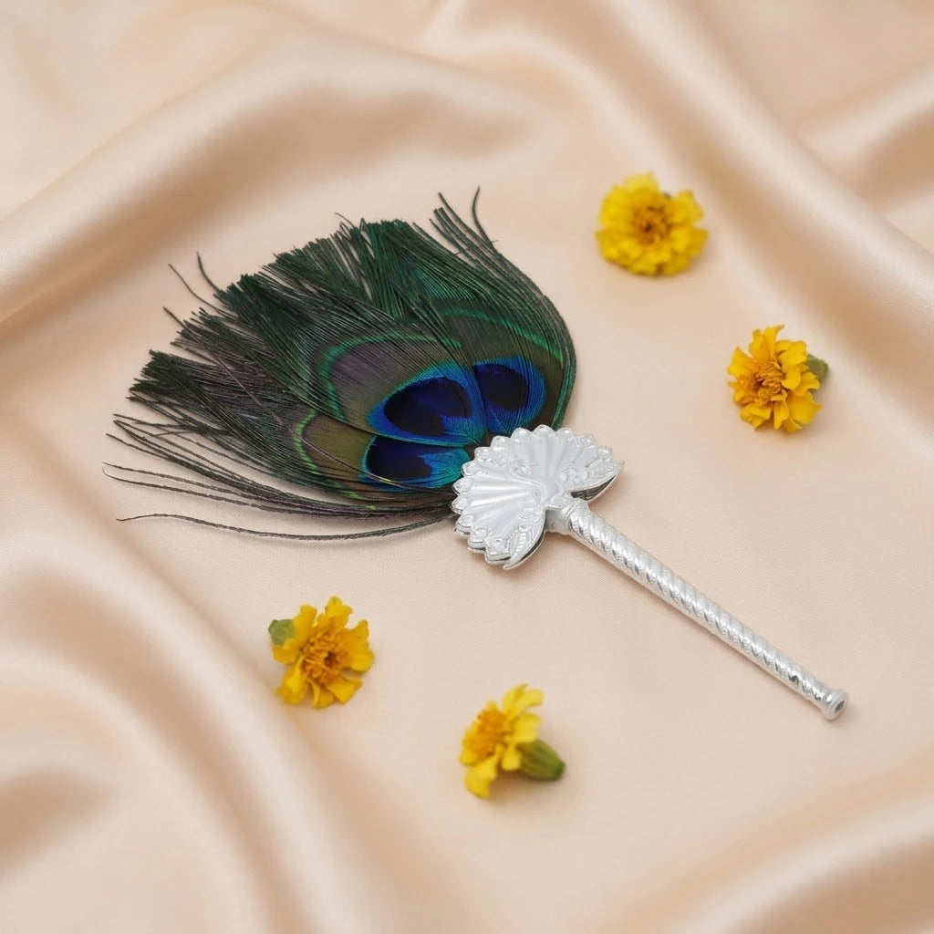 Elegant Peacock Feather Fan with Ornate Silver Handle For Laddu Gopal