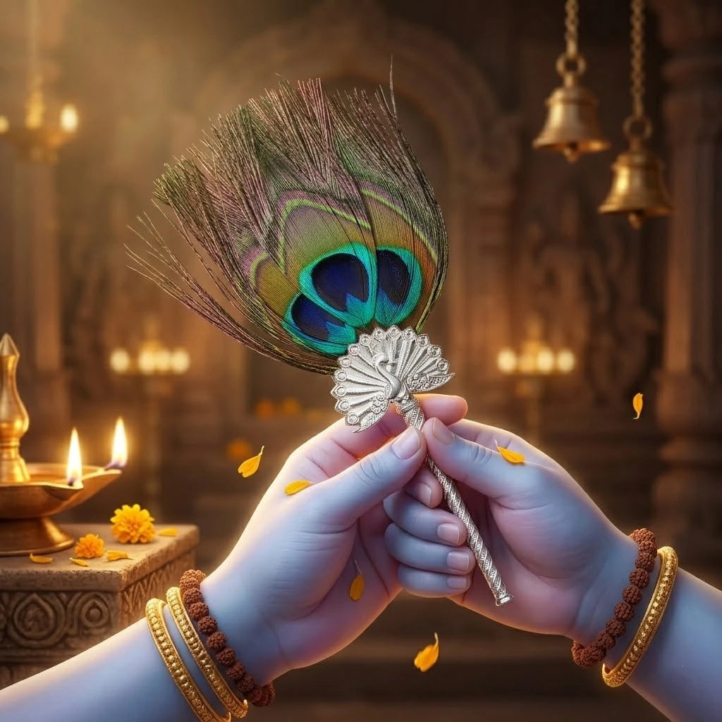 Elegant Peacock Feather Fan with Ornate Silver Handle For Laddu Gopal