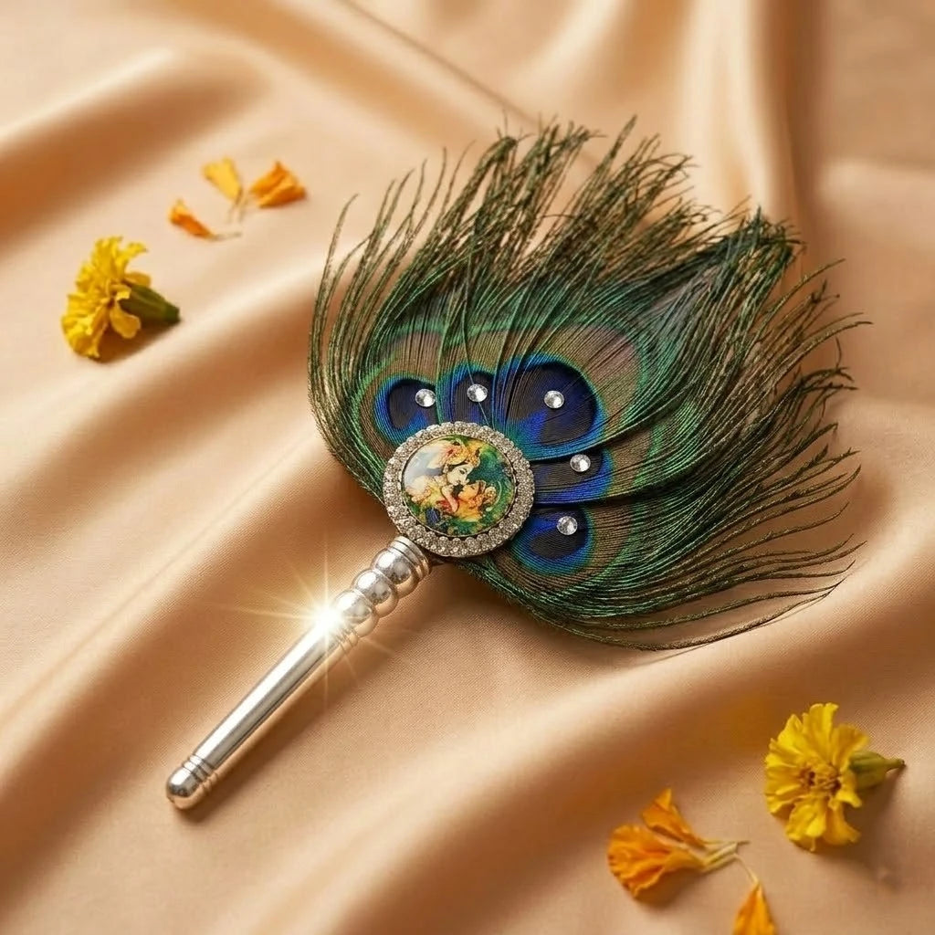 Handcrafted Morpankh Fan with Radha Krishna