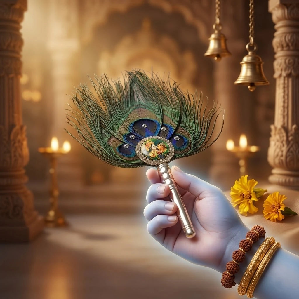 Handcrafted Morpankh Fan with Radha Krishna