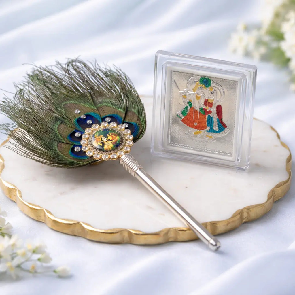 Krishna Bhakt Gift Combo – Mor Pankh with Radha Krishna Frame (Premium Set)
