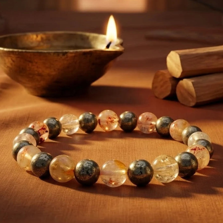Premium Pyrite, Black Tourmaline & Rutilated Quartz Combination Bracelet