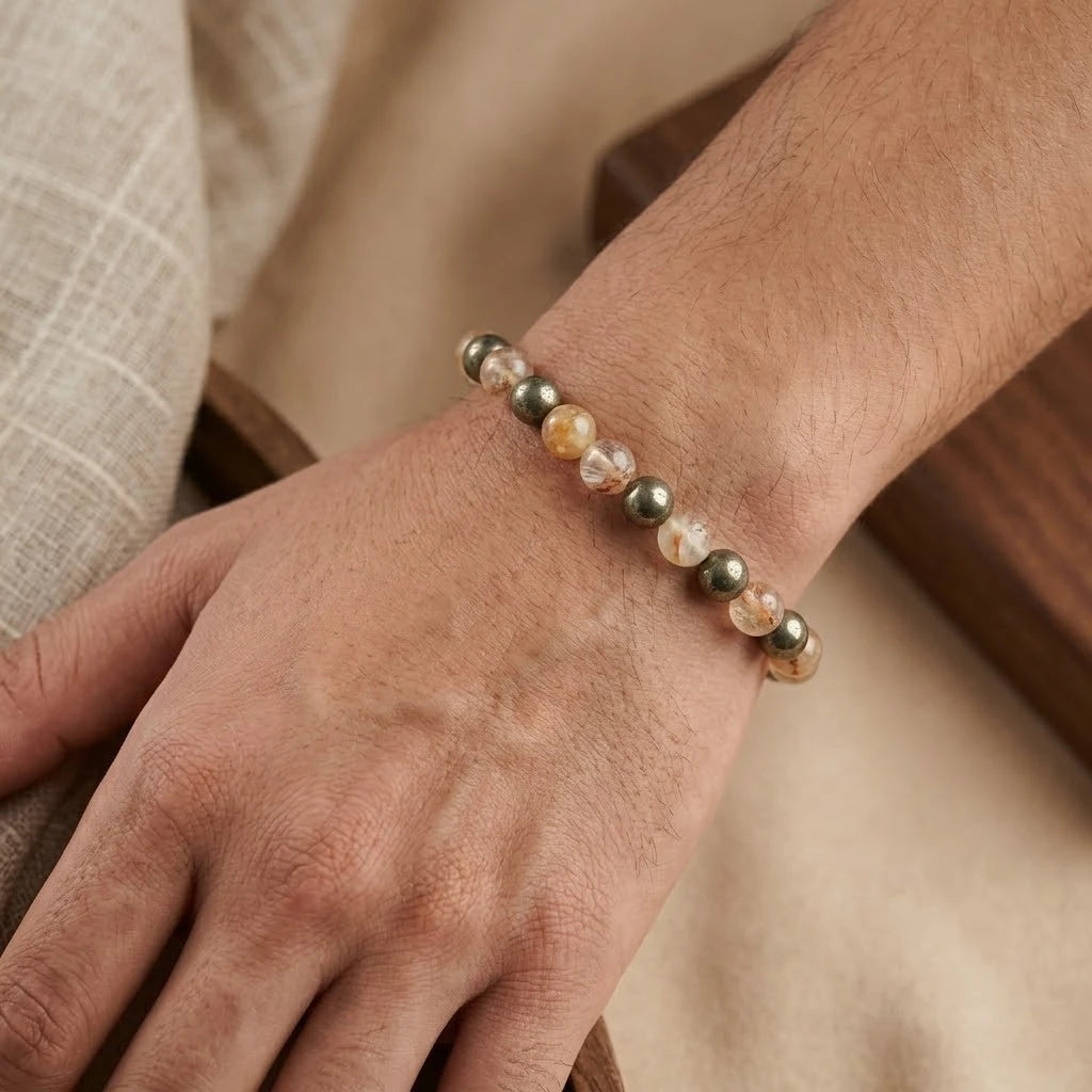 Premium Pyrite, Black Tourmaline & Rutilated Quartz Combination Bracelet