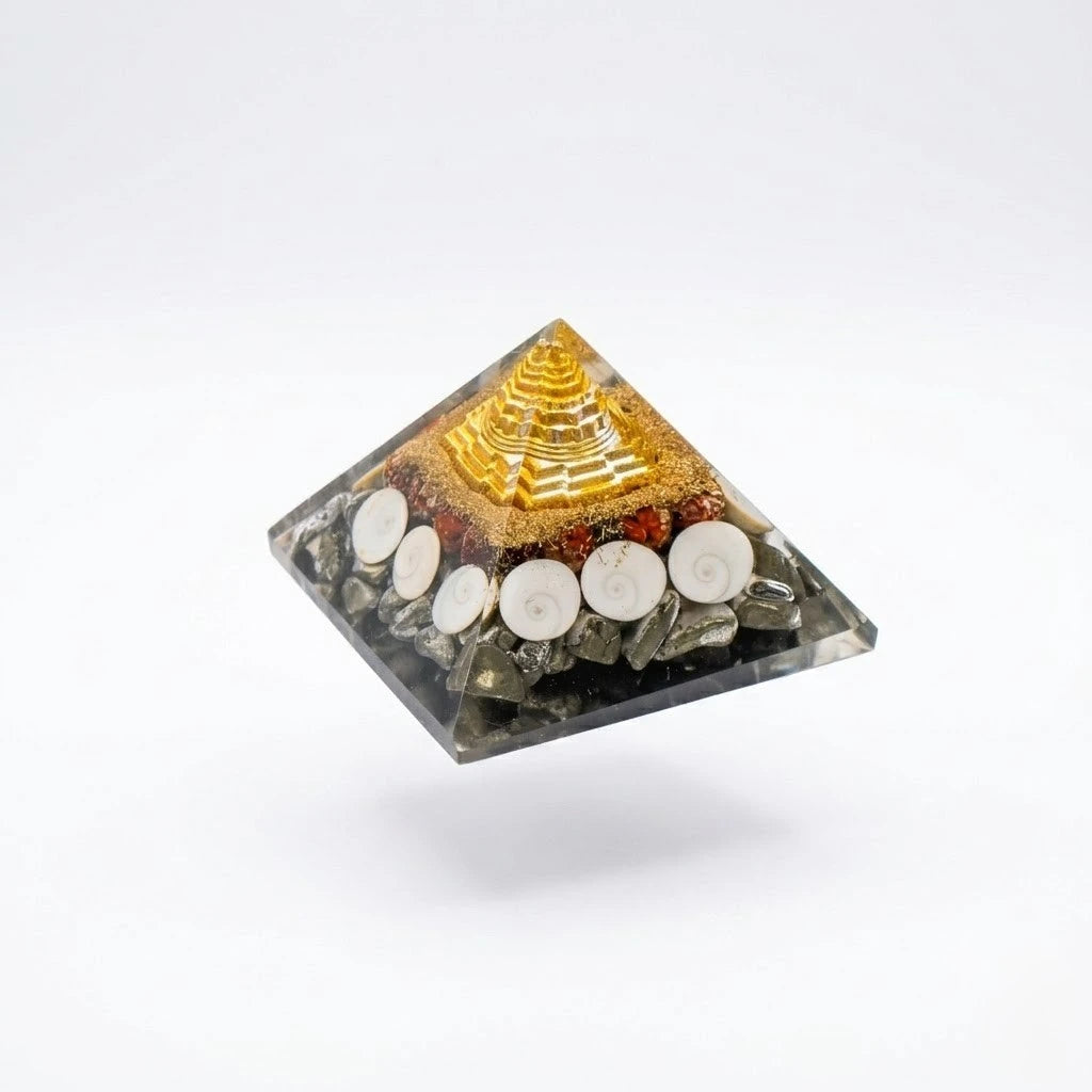 Premium Shree Yantra, Gomati Chakra & Pyrite Orgone Pyramid (with Copper Vortex Coil)