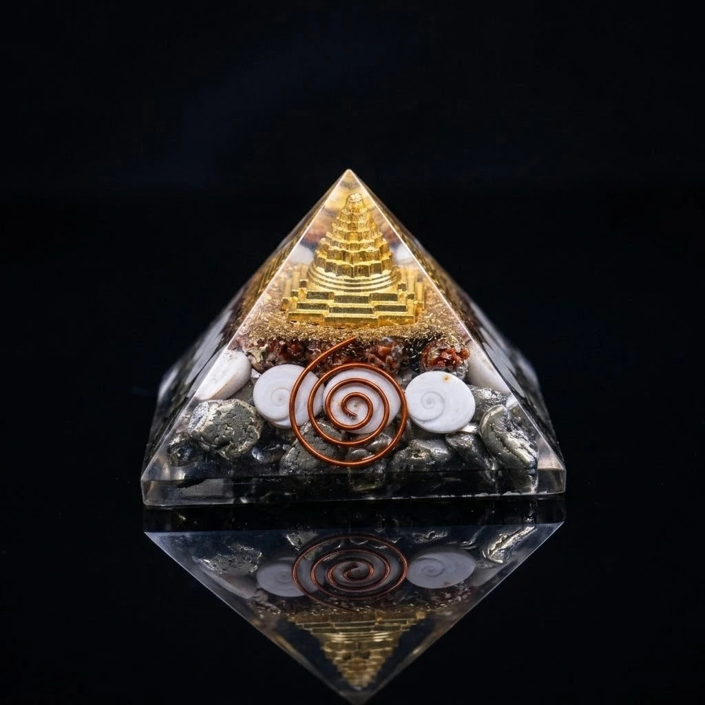 Premium Shree Yantra, Gomati Chakra & Pyrite Orgone Pyramid (with Copper Vortex Coil)