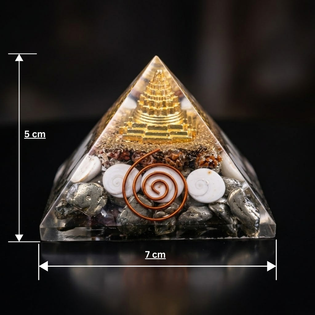 Premium Shree Yantra, Gomati Chakra & Pyrite Orgone Pyramid (with Copper Vortex Coil)