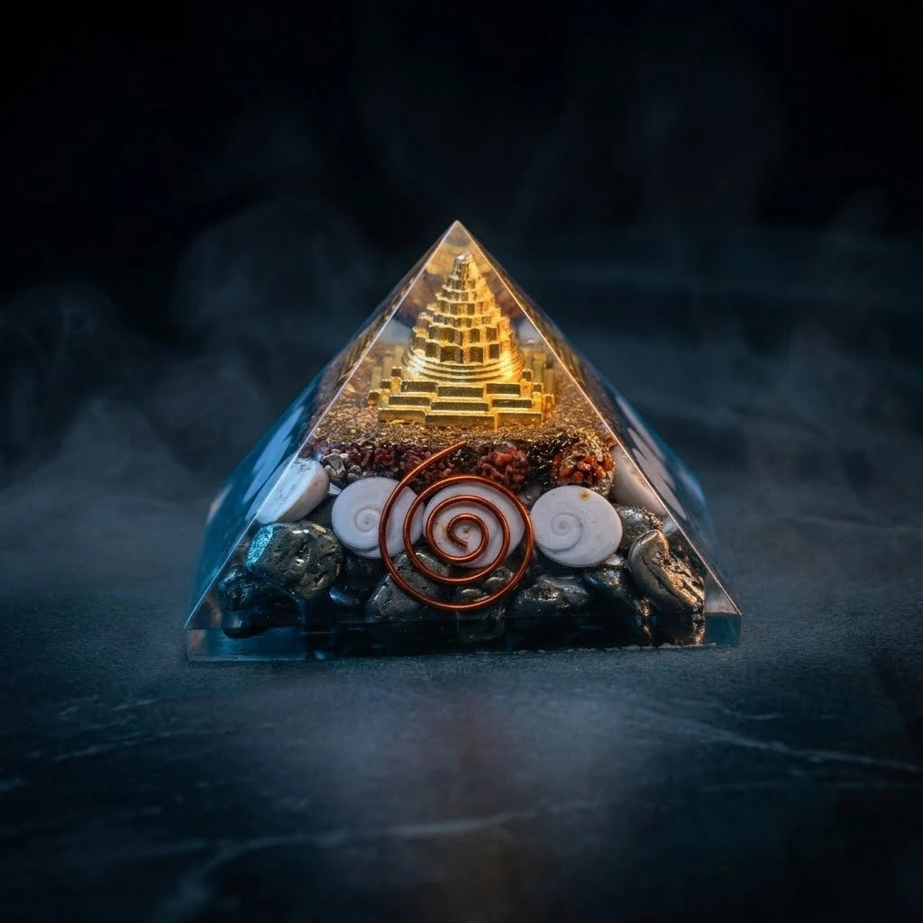 Premium Shree Yantra, Gomati Chakra & Pyrite Orgone Pyramid (with Copper Vortex Coil)