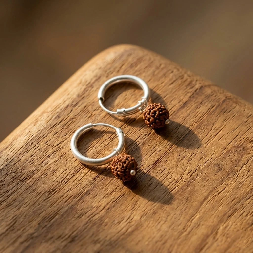 Rupastha Silver Rudraksha Hoop Earrings for Men & Women | Spiritual Bali Earrings