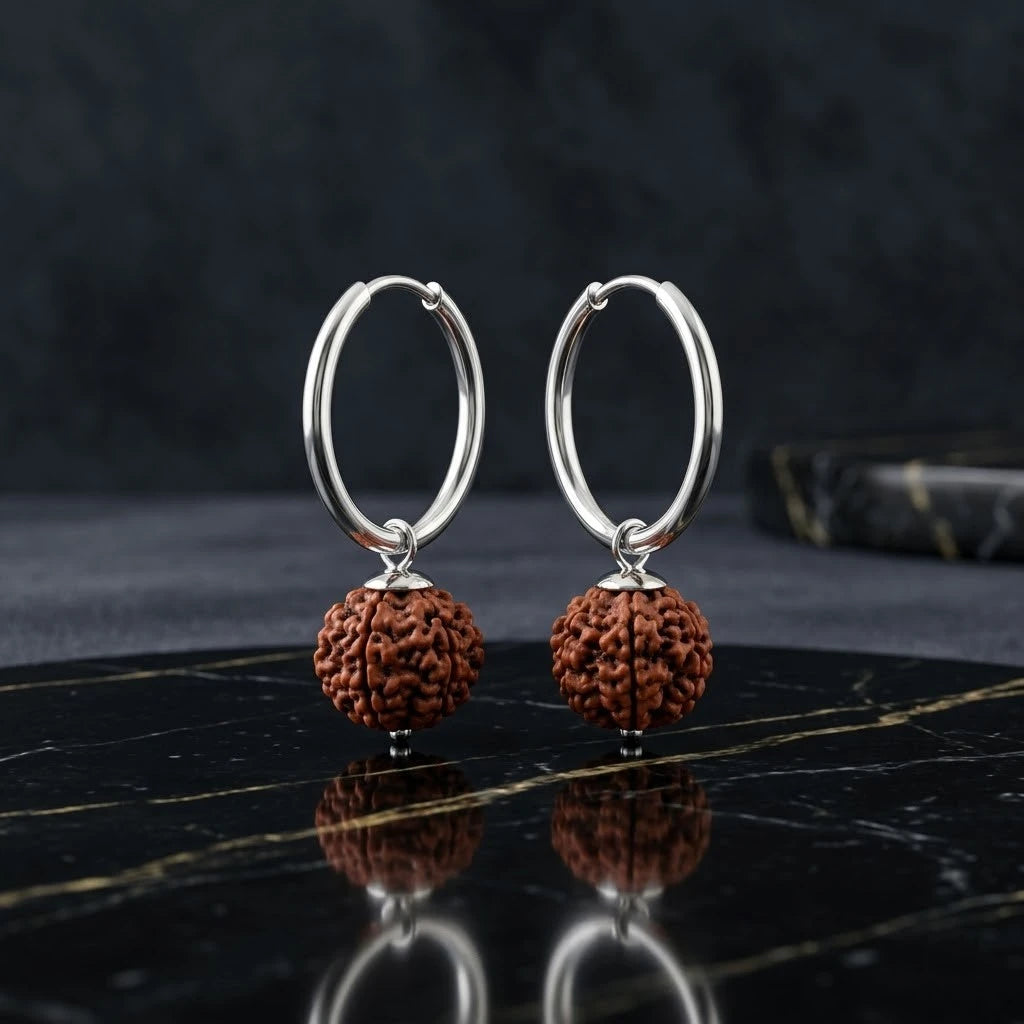Rupastha Silver Rudraksha Hoop Earrings for Men & Women | Spiritual Bali Earrings