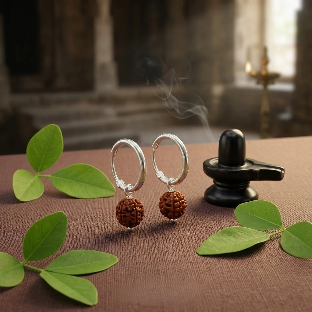Rupastha Silver Rudraksha Hoop Earrings for Men & Women | Spiritual Bali Earrings