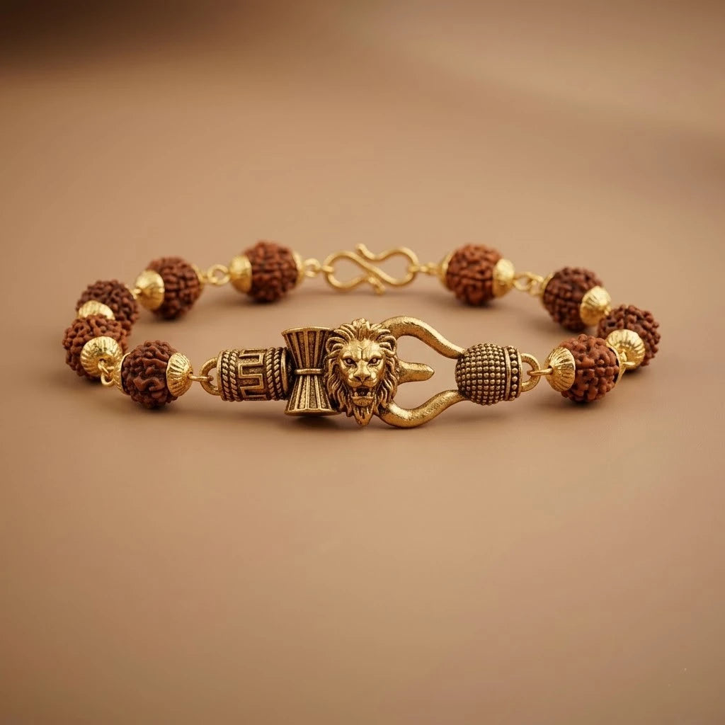 Rupastha Gold-Plated Bahubali Lion Trishul Rudraksha Bracelet