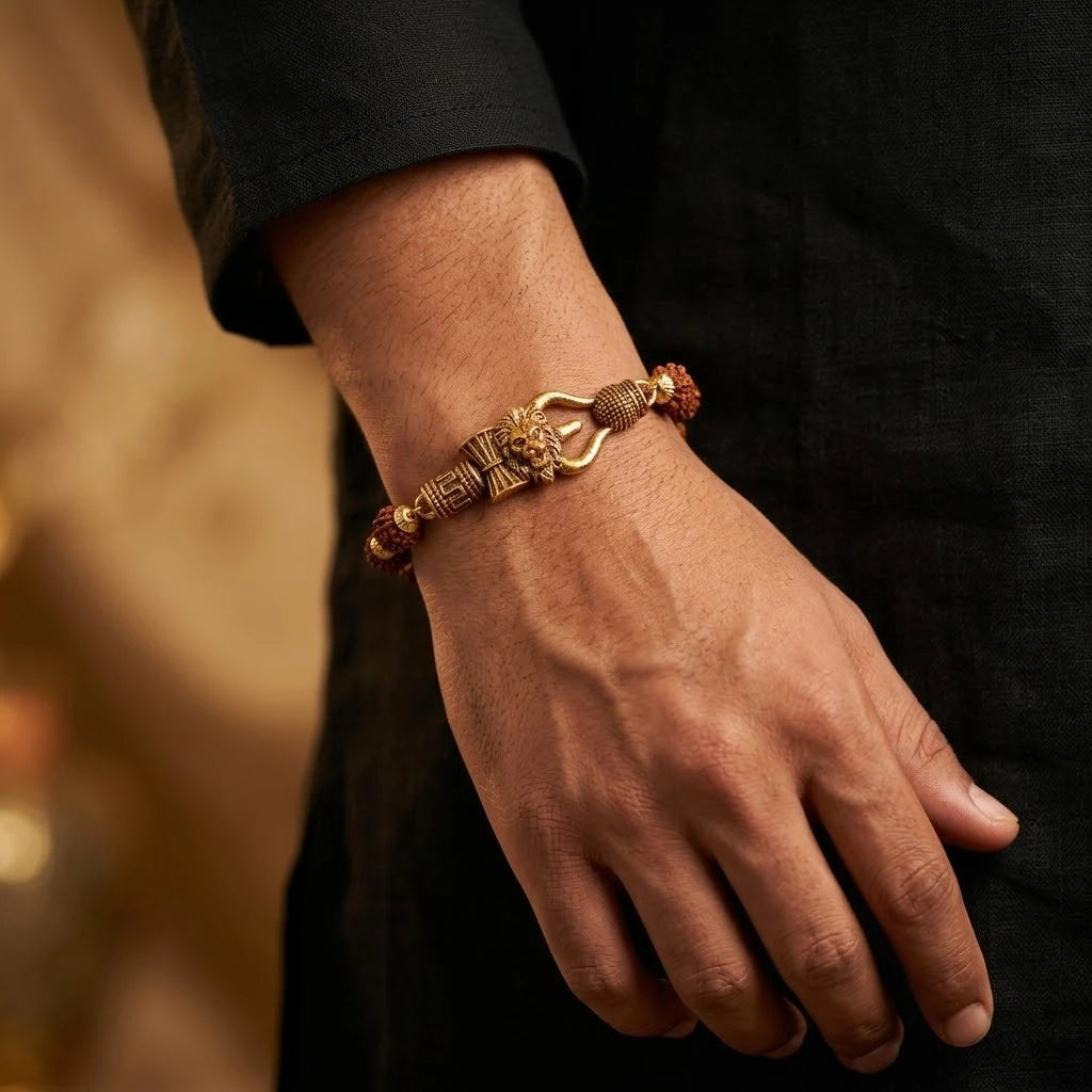 Rupastha Gold-Plated Bahubali Lion Trishul Rudraksha Bracelet