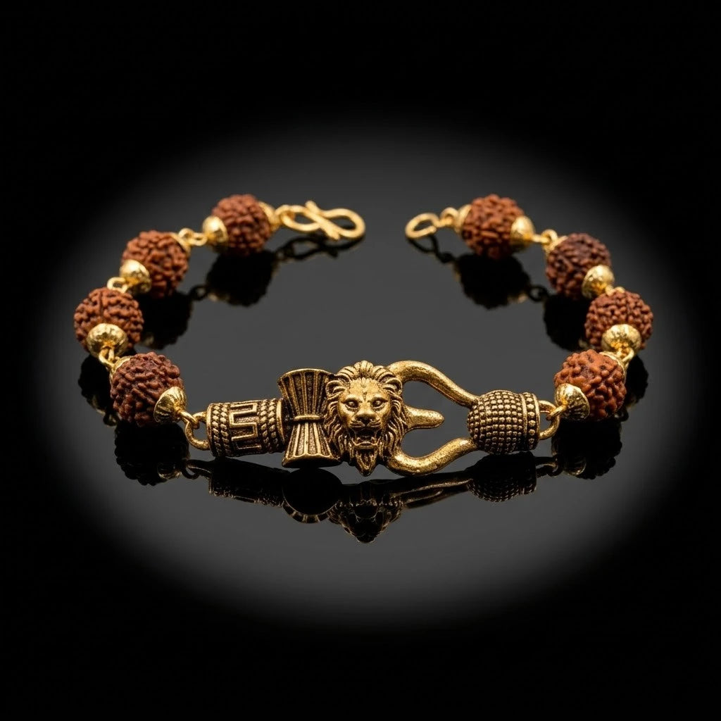 Rupastha Gold-Plated Bahubali Lion Trishul Rudraksha Bracelet
