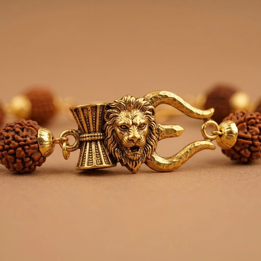 Rupastha Gold-Plated Bahubali Lion Trishul Rudraksha Bracelet