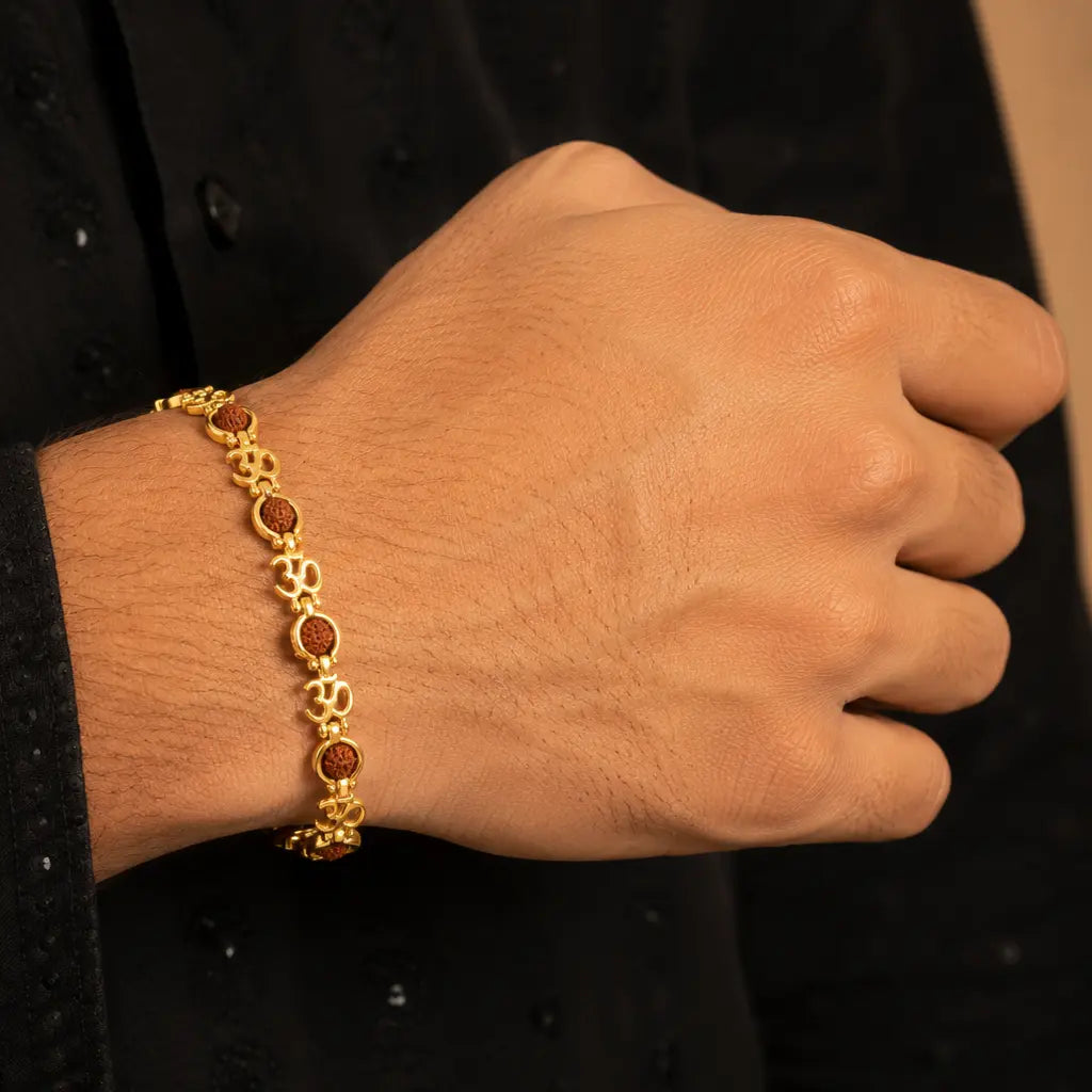 Rupastha Gold-Plated Om Link Rudraksha Bracelet