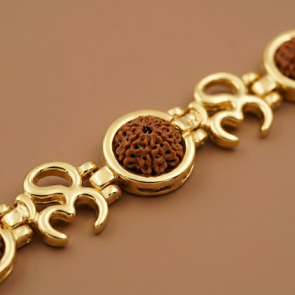Rupastha Gold-Plated Om Link Rudraksha Bracelet