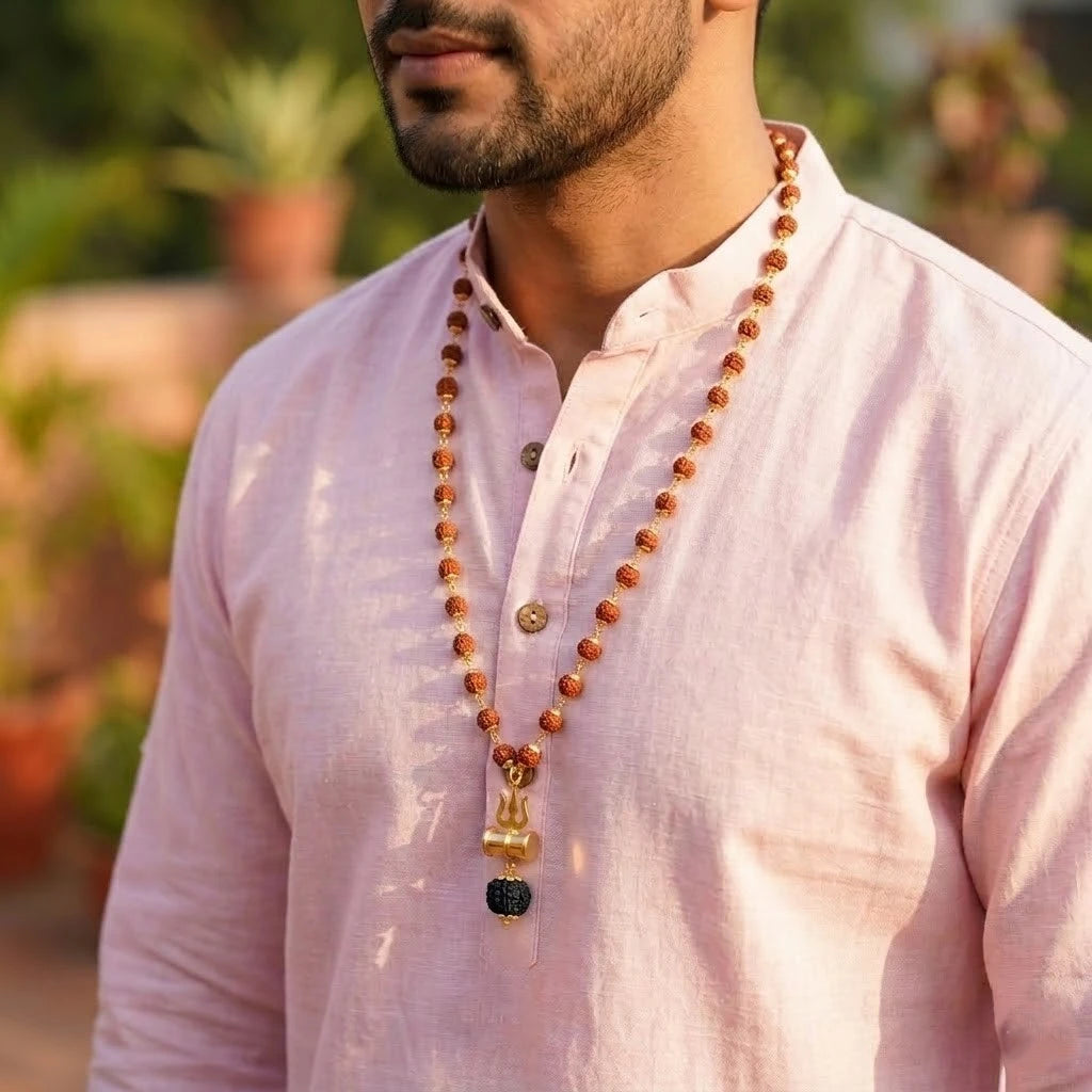 Rupastha Gold-Plated Trishul Damru Rudraksha Mala