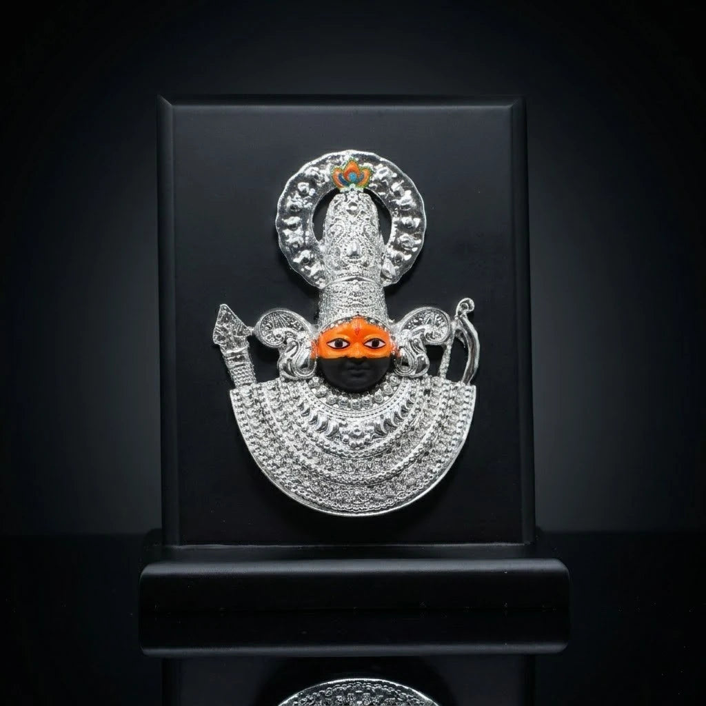 Rupastha Premium German Silver Polish Khatu Shyam Ji Car Frame – High-Relief Intricate Filigree Matte Black Dashboard & Desk Artifact