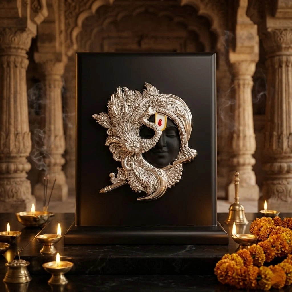 Silver-Plated Shrinathji / Lord Krishna Car Frame & Desk Artifact