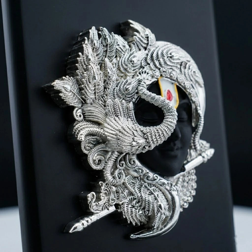 Silver-Plated Shrinathji / Lord Krishna Car Frame & Desk Artifact