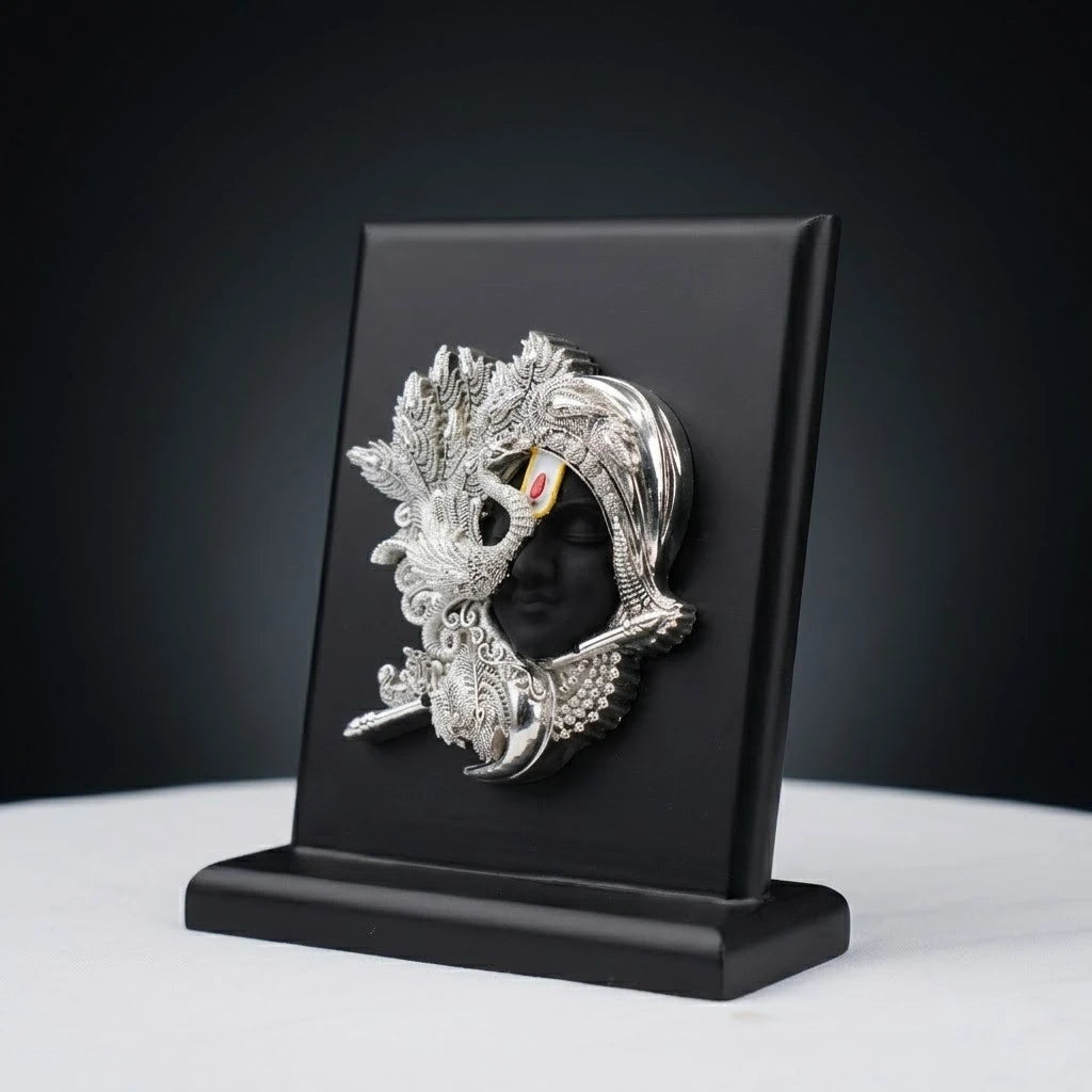 Silver-Plated Shrinathji / Lord Krishna Car Frame & Desk Artifact