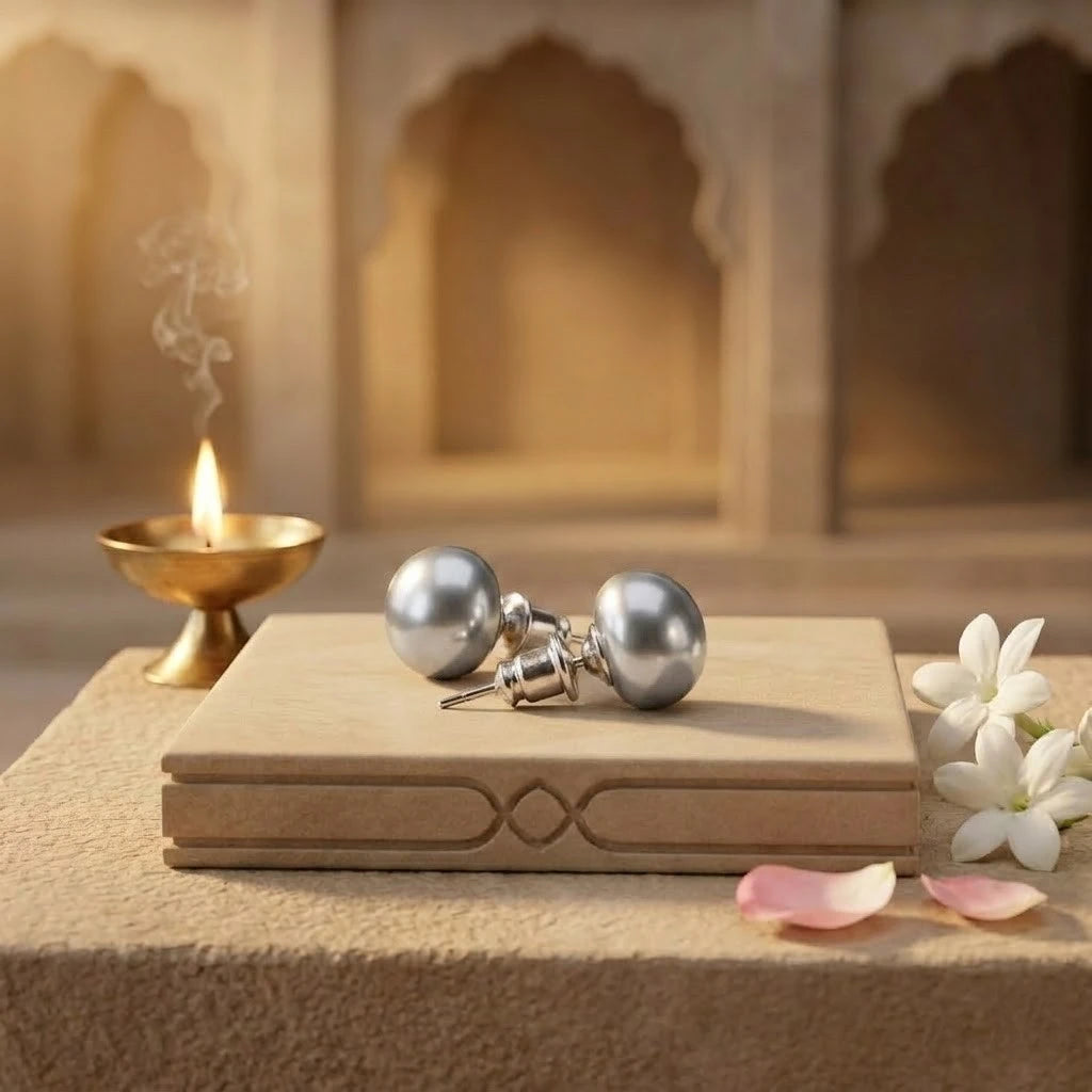 Silver Grey Pearl Stud Earrings for Women
