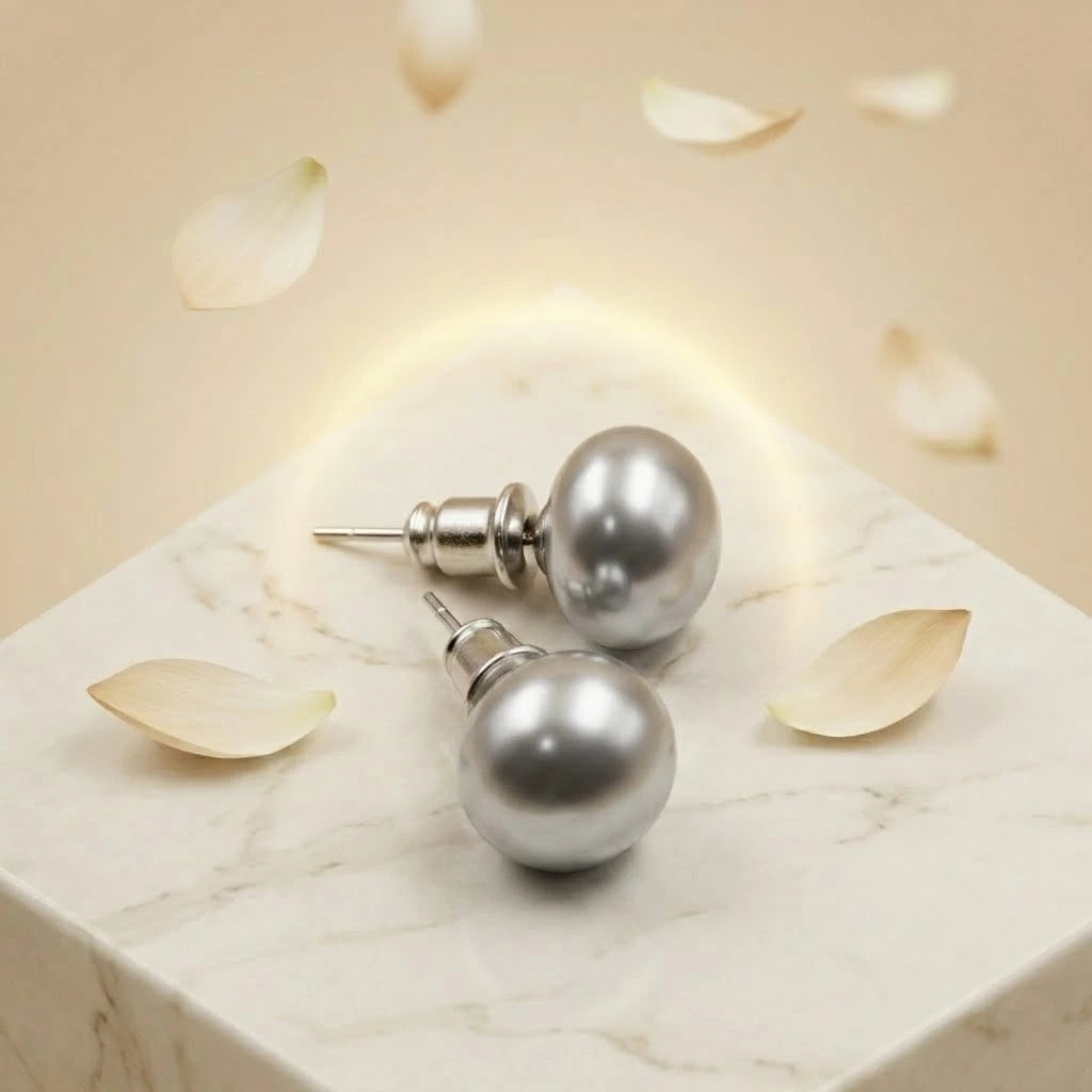 Silver Grey Pearl Stud Earrings for Women