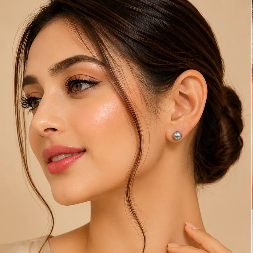 Silver Grey Pearl Stud Earrings for Women